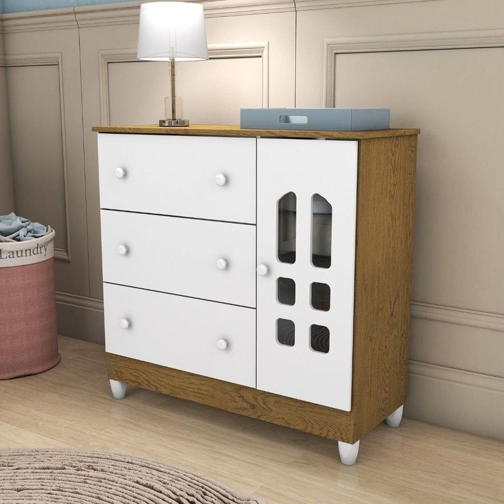 Cômoda de Bebê 1 Porta 3 Gavetas Eloa Branco/Bétula
