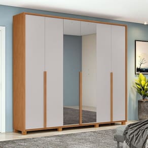 Guarda-roupa 6 Portas 4 Gavetas 100% Mdf com Espelho e Pés Style Amêndoa Clean/Off White