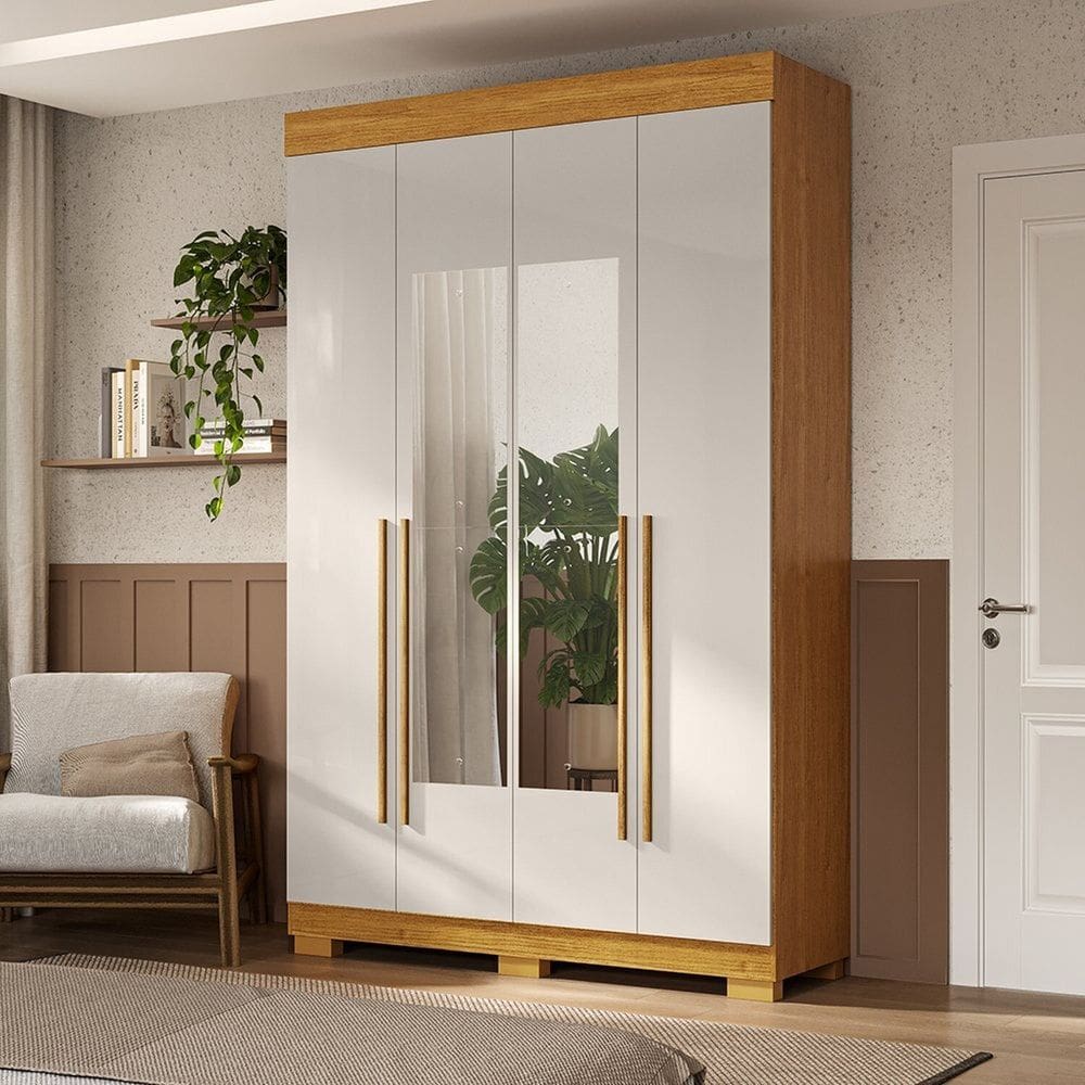 Guarda-roupa Casal 133cm 4 Portas com Espelho Willow Espresso Móveis Cinamomo/Off White