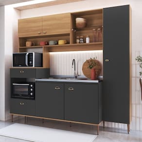 Cozinha Compacta Completa 6 Portas 1 Gaveta Espaço Forno e Microondas e Paneleiro Karina Marrom/Cinza