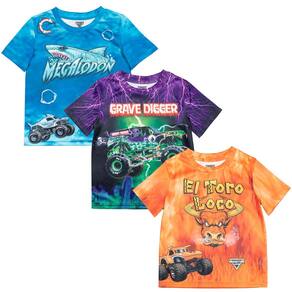 Monster Jam Megalodon El Toro Loco Grave Digger Monster Truck Big Boys, pacote com 3 camisetas laranja/roxa/azul 10-12