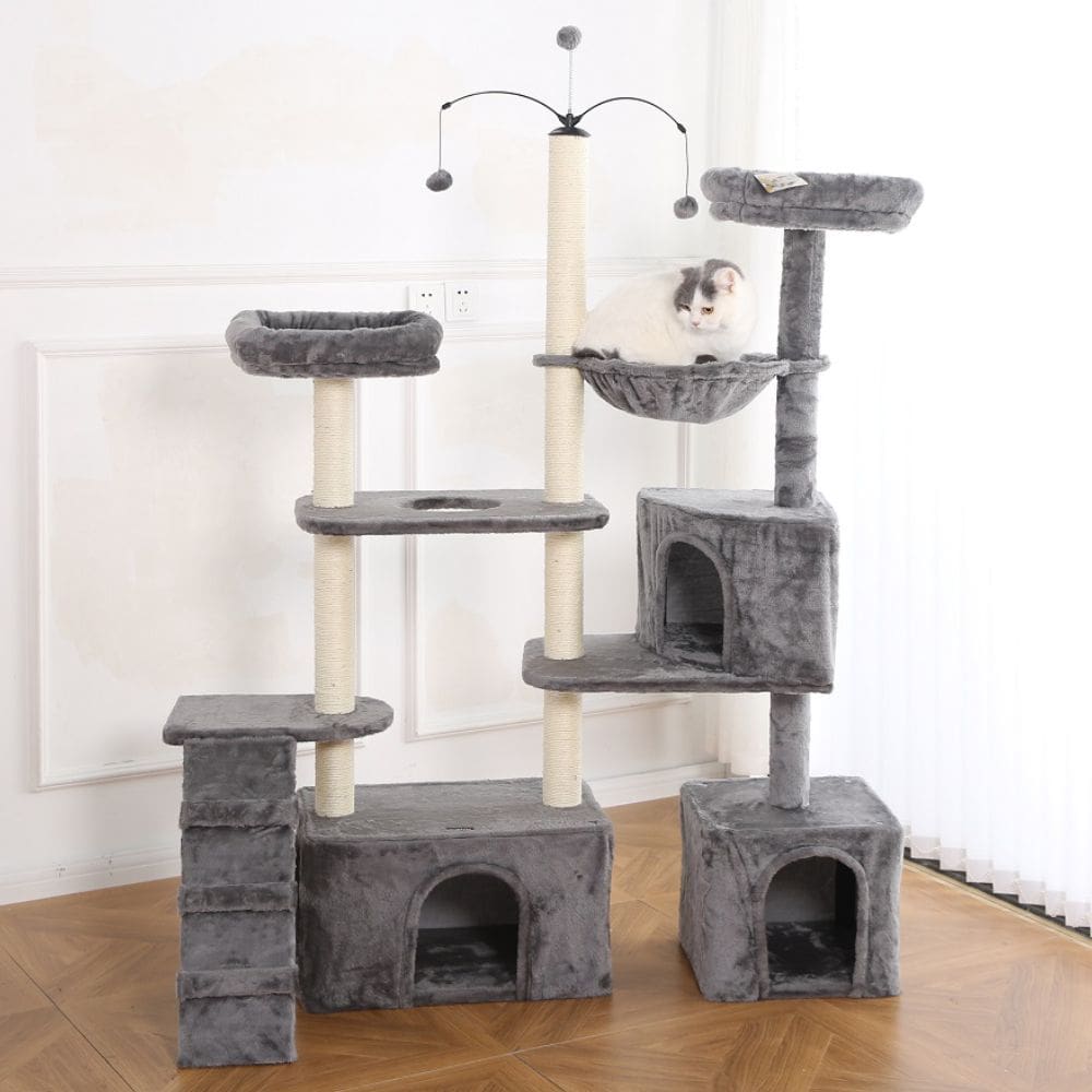 Arranhador de gato grande, luxuoso, ajustável, multifuncional com casas, camas, cesto, poleiros e brinquedo giratório