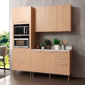 Cozinha Compacta Tulipa CZ1103 170cm 03 Peças 06 Portas e 05 Gavetas com Divisor de Talheres Freijó Mármore Branco Tecnomobili
