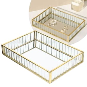 Bandeja Vidro Metal Dourado Porta Objetos Maquiagem 20x15cm