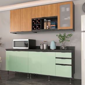 Cozinha Compacta Azaleia CZ1200 200cm 04 Peças 08 Portas e 03 Gavetas com Divisor de Talheres Mármore Lunar Verde Mar Freijó Tecnomobili