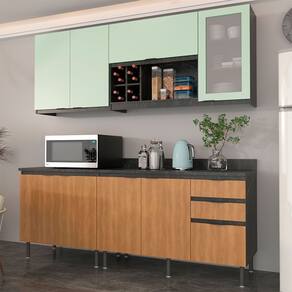 Cozinha Compacta Azaleia CZ1200 200cm 04 Peças 08 Portas e 03 Gavetas com Divisor de Talheres Mármore Lunar Freijó Verde Mar Tecnomobili