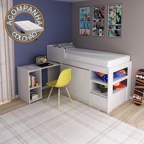 Cama Solteiro Multifuncional CM8021 Branco Tecnomobili + Colchão Ortobom