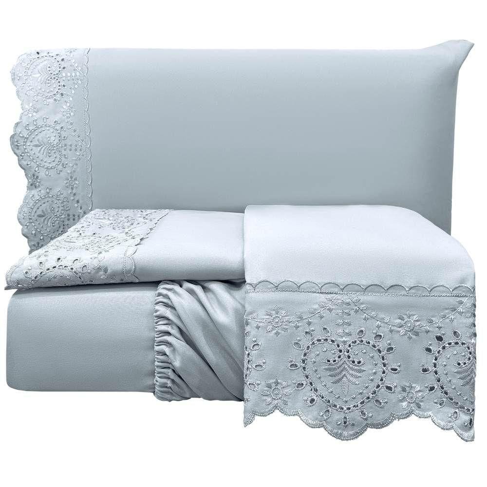 Jogo De Lençol King Bordado Ingles 300 Fios Nupcias 4 Peças Cor Cinza