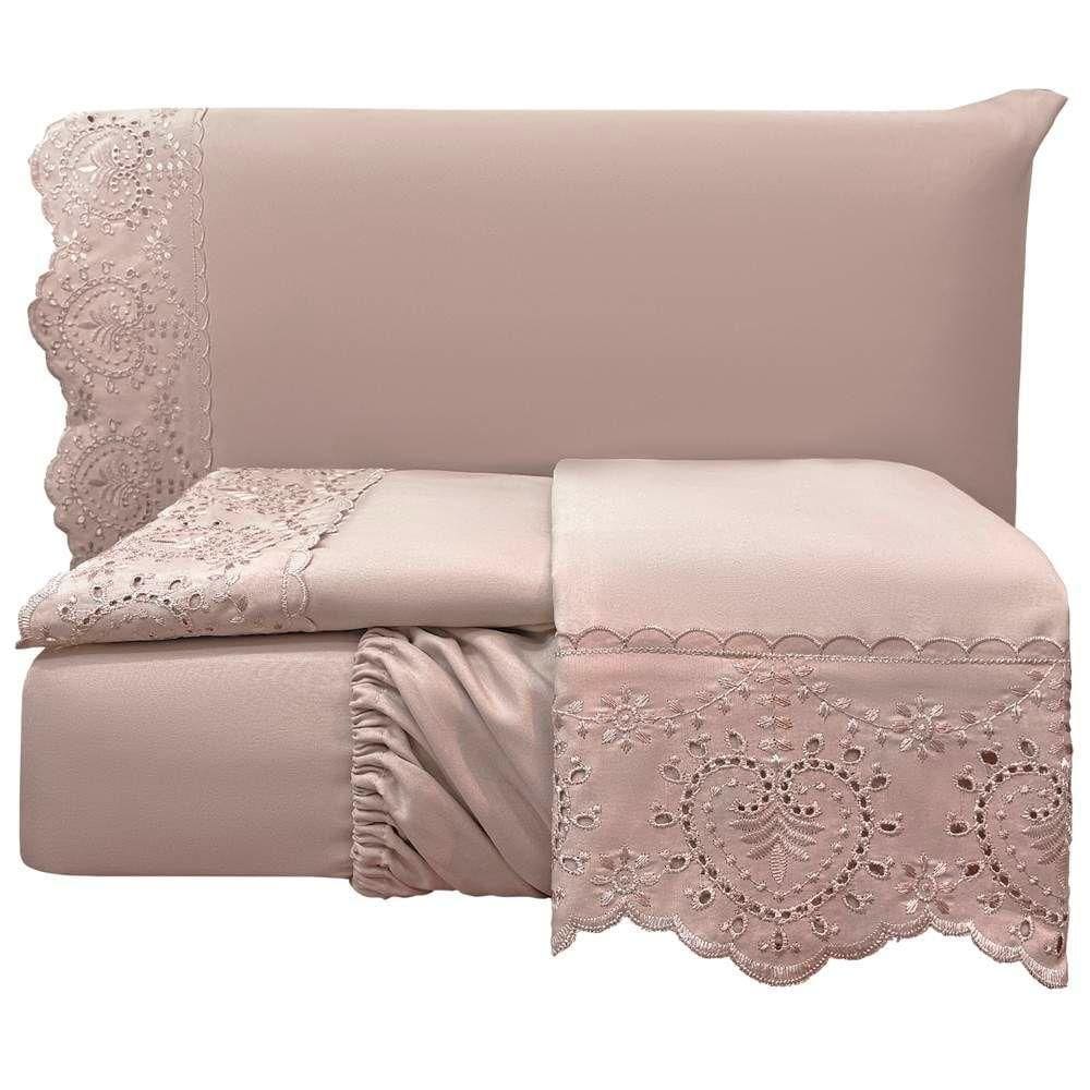 Jogo De Lençol Queen Bordado Ingles 300 Fios Nupcias 4 Peças Cor Malva