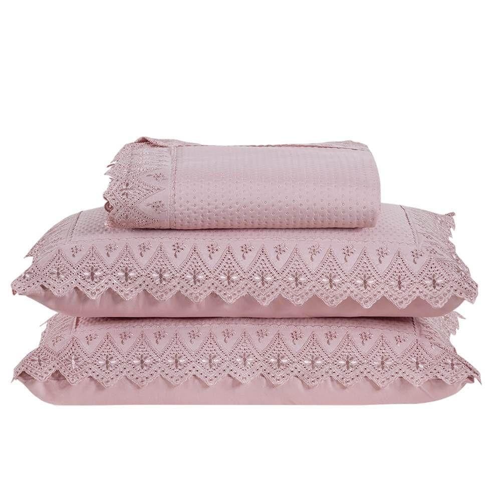 Colcha Queen Home Madrid Com Bordado Inglês 300 Fios 3 Peças - Rose