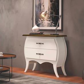 Cômoda Bombê 2 Gavetas em Madeira Maciça Off White Tampo Castanho