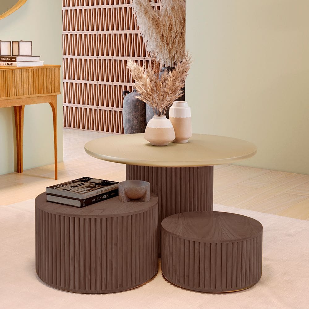 Conjunto 3 Mesas Decorativas Lua em Madeira Maciça - Castanho