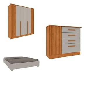 Quarto Casal Completo Guarda-Roupa 6 portas e Cômoda 4 Gavetas Ripado Nova York e Cama Queen Mônaco Cinamomo/Off White