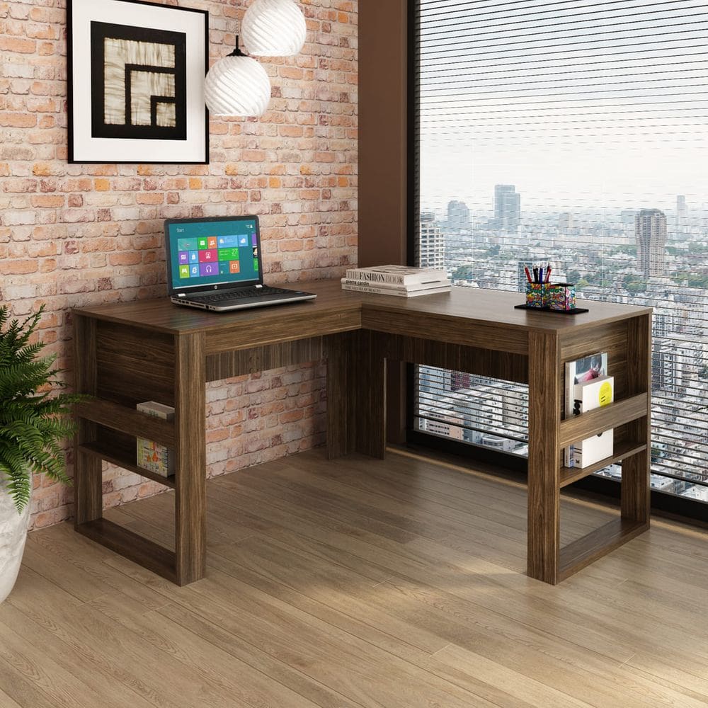 Mesa de Canto para Escritório 136x74cm Angular ME4145 Nogal