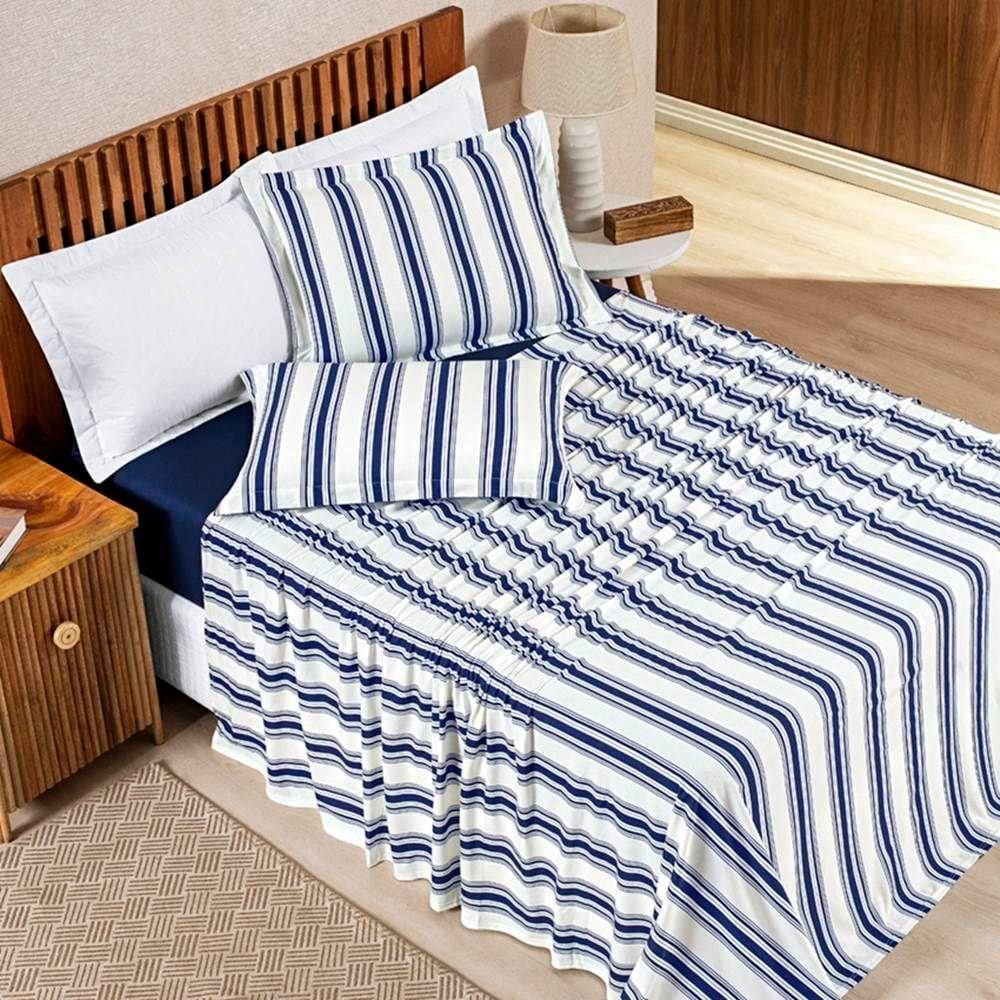 Jogo De Lençol Casal Padrão Marin Malha 100% Algodão Estampado 4 Peças Cor Marinho Listra