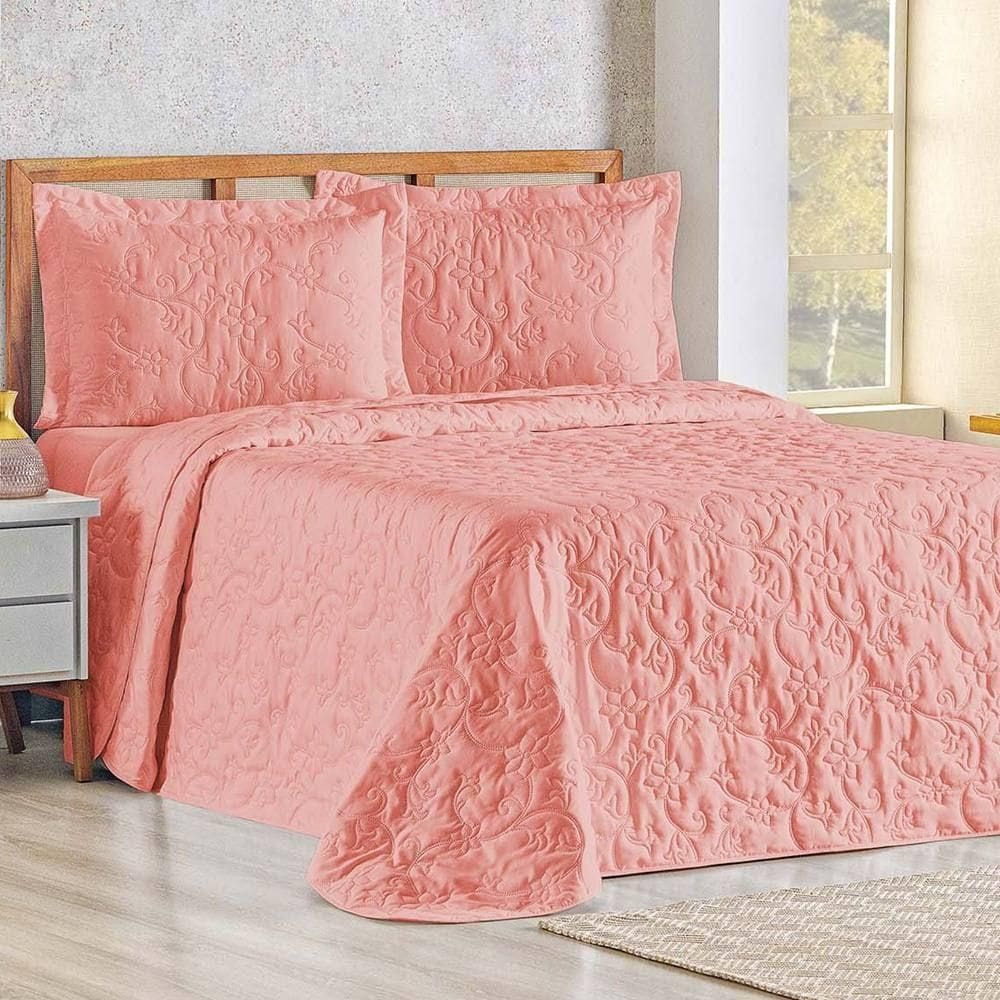 Cobre Leito Queen Bouti Mavie Floral 180 Fios 3 Peças - Goiaba