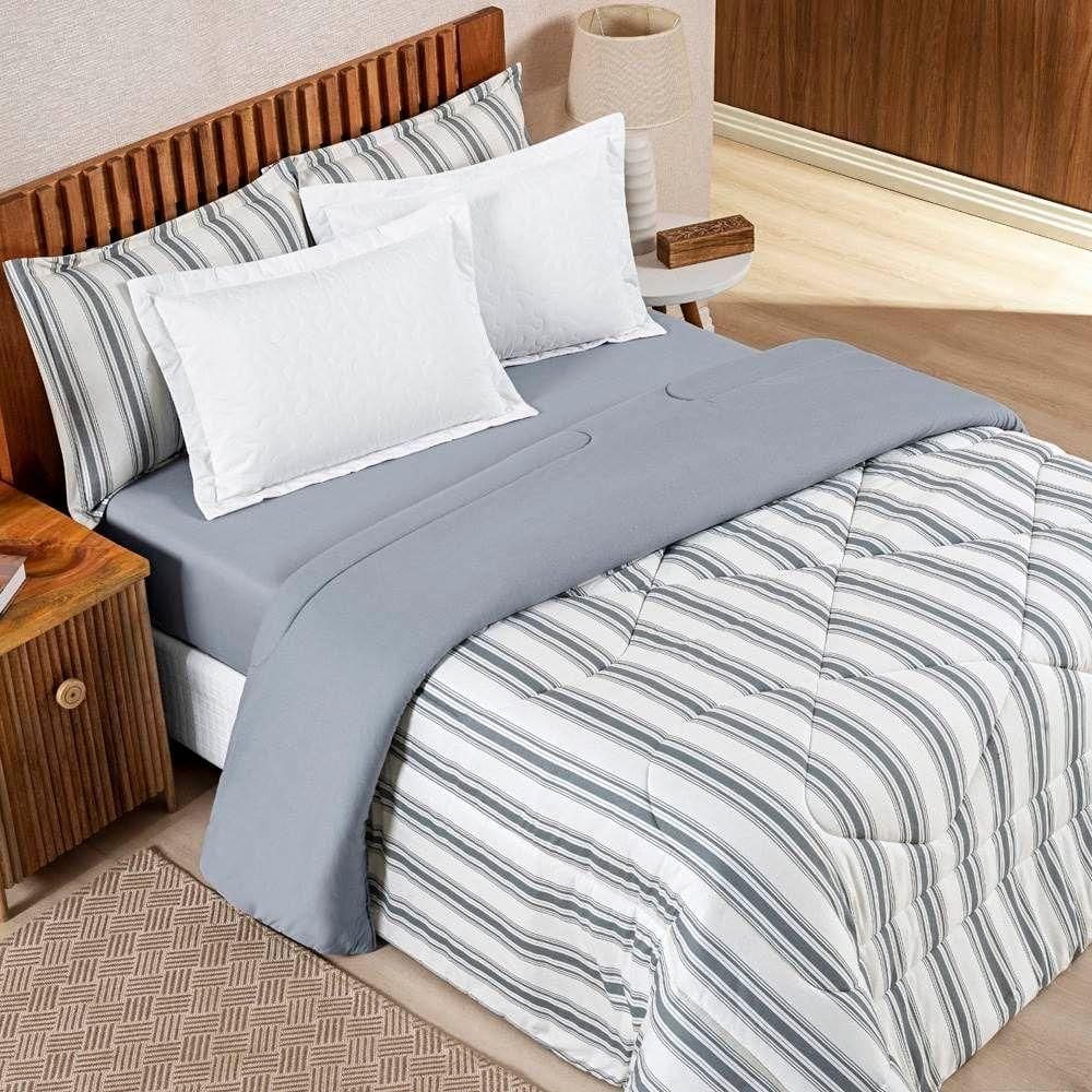 Edredom Casal Padrão Dupla Face Marin Malha 100% Algodão 1 Peça Cor Listra Cinza