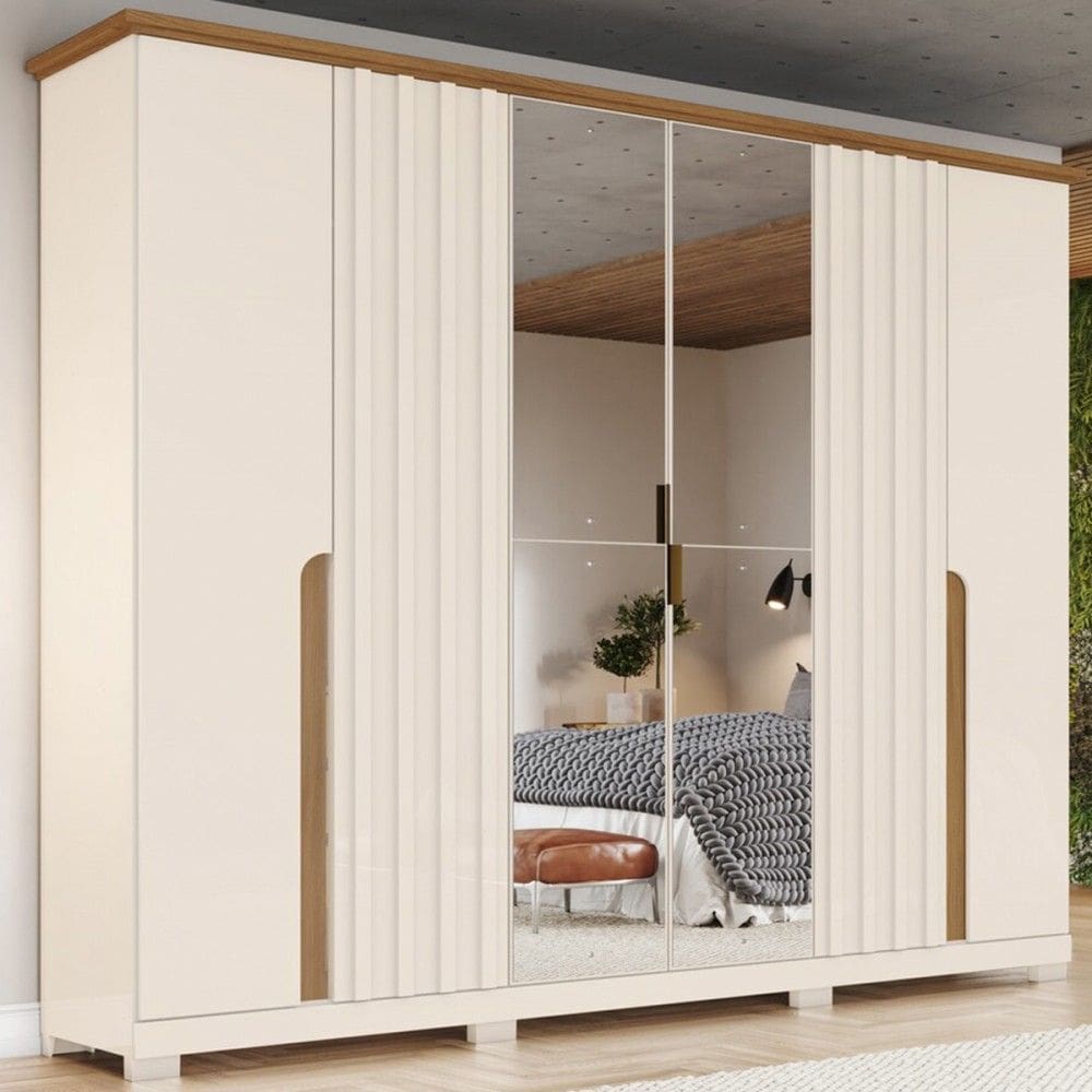 Guarda-Roupa Casal Napoli com Espelho 6 Portas 6 Gavetas Off White/Natural - Henn