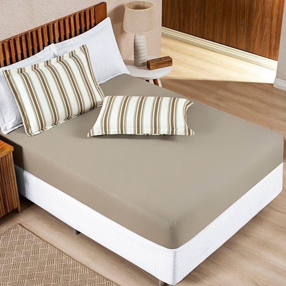 Jogo De Lençol Queen Marin Malha 100% Algodão 3 Peças Cor Caqui Listra