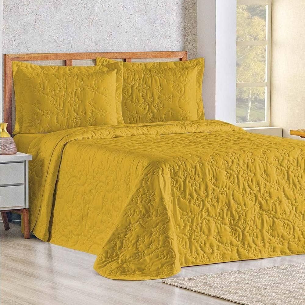 Cobre Leito Queen Bouti Mavie Floral 180 Fios 3 Peças - Açafrão