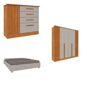 Quarto Casal Completo Guarda-Roupa 6 portas e Cômoda 4 Gavetas Ripado Nova York e Cama Queen Mônaco Cinamomo/Off White