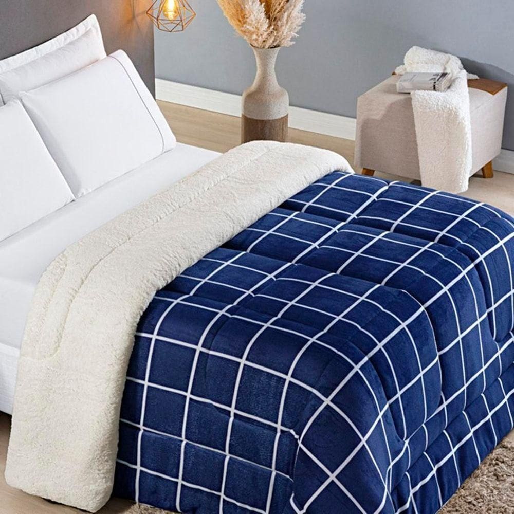 Edredom Casal Padrão Coberdrom Sherpa/mantinha Austin 1 Peça - Marinho