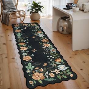 Tapete Runner Lahome preto/cinza floral 60x180cm antiderrapante
