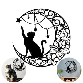 Painel Metálico Gatinho E Lua Para Parede 40Cm