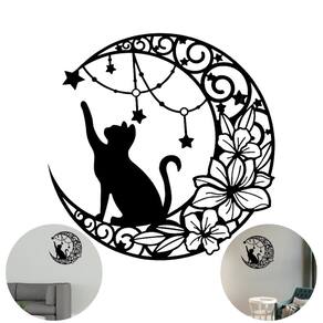 Placa Decorativa De Gato E Lua Em Metal 40Cm