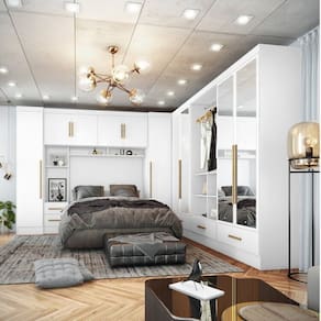 Quarto Modulado Casal Completo 6 Peças 6 Portas 5 Gavetas com Maleiro e Espelhos Smart Plus Branco