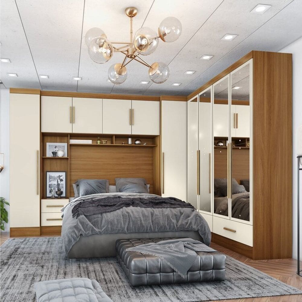 Quarto De Casal Completo 5 Peças 6 Portas 4 Gavetas com Maleiro e Espelhos Smart Plus Cinamomo/Offwhite