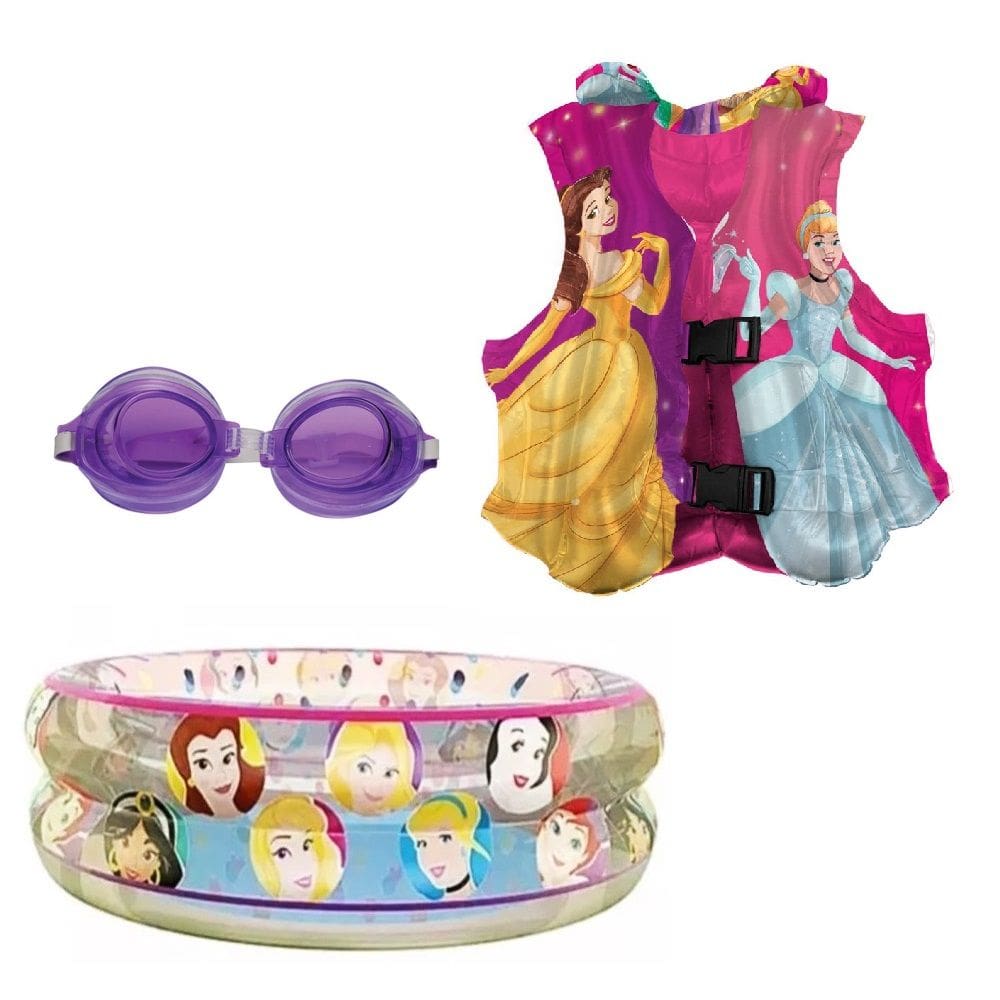 Kit Piscina Inflável Infantil Menina Princesas Disney 70 Litros + Colete Princesas + óculos Mor