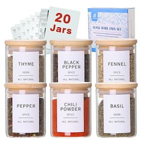 Frascos de especiarias de vidro HHMJSM com tampas de bambu 120 ml 20 unidades +131 etiquetas