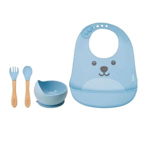 Kit Bowl + Babador + Talheres Em Silicone Azul - Buba