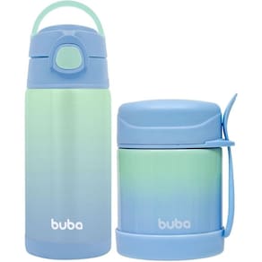 Kit Refeição Infantil 2 Peças Garrafa Térmica E Pote Térmico Azul Com Talher - Buba