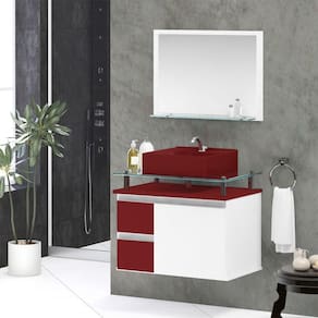 Conjunto Gabinete Banheiro 2 Gavetas 1 Porta 60cm Com Espelheira Diamante - Vinho - Com Cuba Vinho - Vermelho
