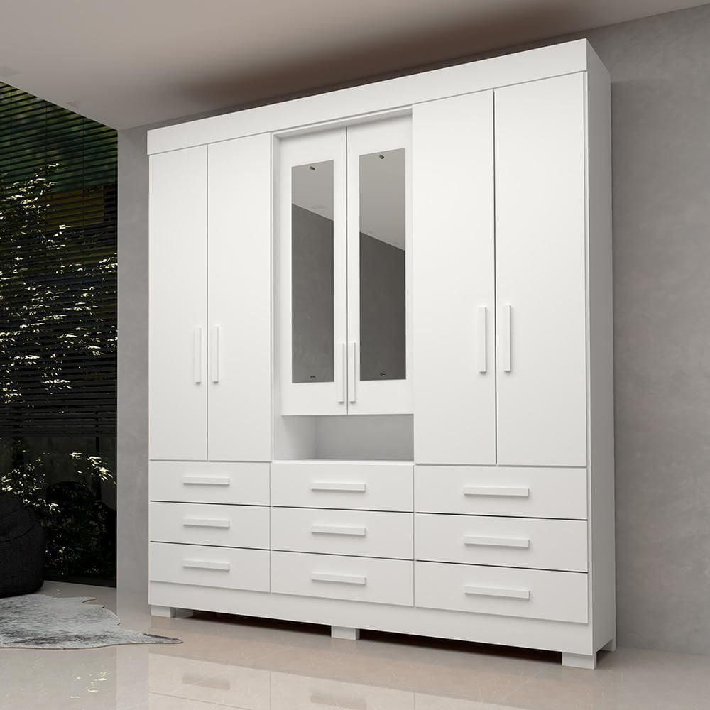 Guarda Roupa Casal Bolívia Com Espelho 6 Portas 9 Gavetas 100% Mdf Linhamobília Branco