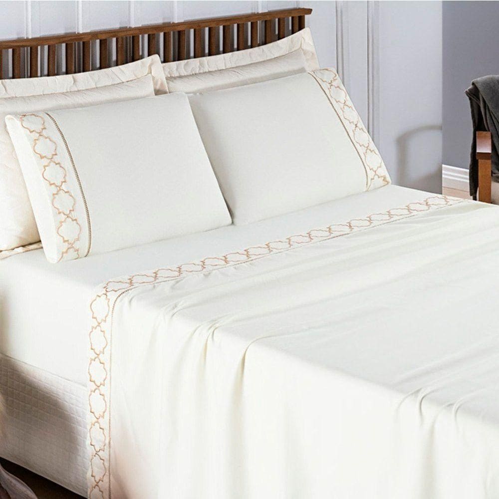 Jogo De Lençol King 300 Fios Bordado Infinity 4 Peças - Palha