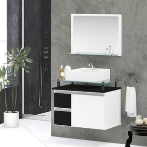 Conjunto Gabinete Banheiro 2 Gavetas 1 Porta 60cm Com Espelheira Diamante - Preto - Preto
