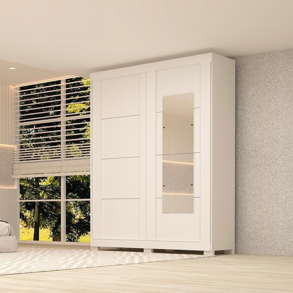 Guarda Roupa Solteiro Chile Com Espelho 2 Portas 100% Mdf Linhamobília Branco