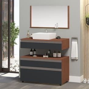 Gabinete Banheiro Superior E Inferior Com Rodízios 3 Gavetas 80cm Safira - Cinza Titanium - Cinza