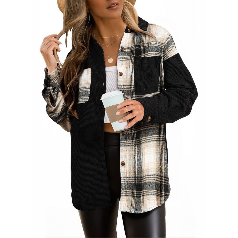 Shacket Astylish Color Block de veludo cotelê para mulheres preta XXL