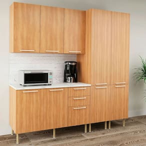 Cozinha Compacta Jasmine CZ1101 200cm 04 Peças 09 Portas e 03 Gavetas com Divisor de Talheres Freijó Mármore Branco Tecnomobili