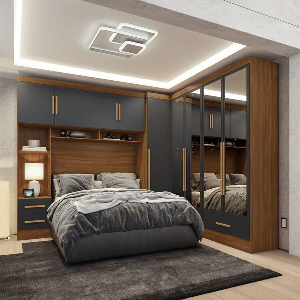 Quarto Modulado Casal Completo 4 Peças 5 Portas 4 Gavetas com Maleiro e Espelhos Smart Plus Cinamomo/Cinza