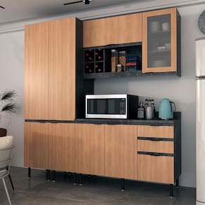 Cozinha Compacta Margarida CZ1201 200cm 04 Peças 08 Portas 03 Gavetas e Divisor de Talheres Mármore Lunar Freijó Tecnomobili