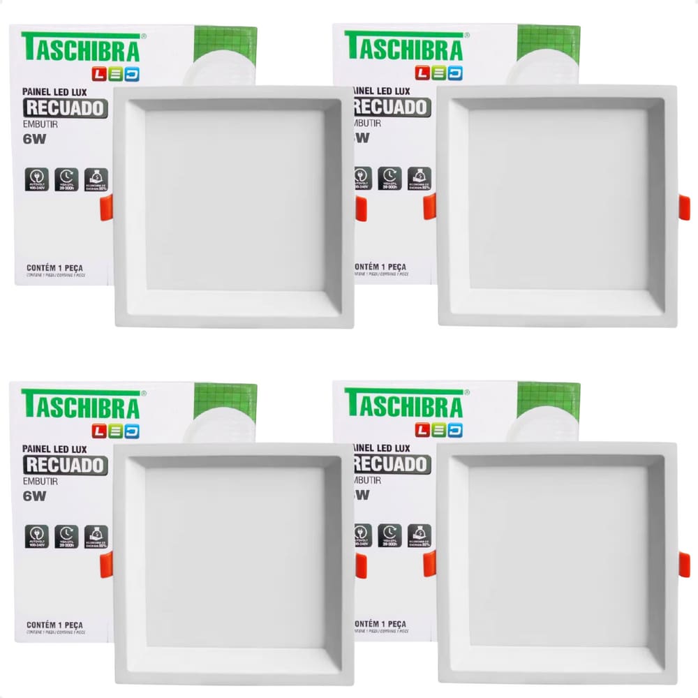 Kit 4 Painel de Led Quadrado Embutir Recuado 6W Bivolt Taschibra 3000K Quente