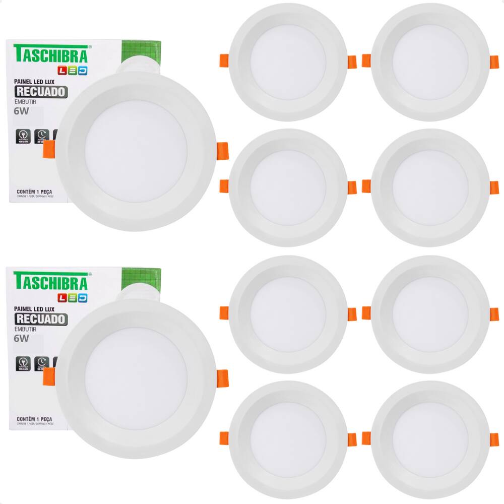 Kit 10 Painel de Led Redondo Embutir Recuado 6W Bivolt Taschibra 4000K Neutro