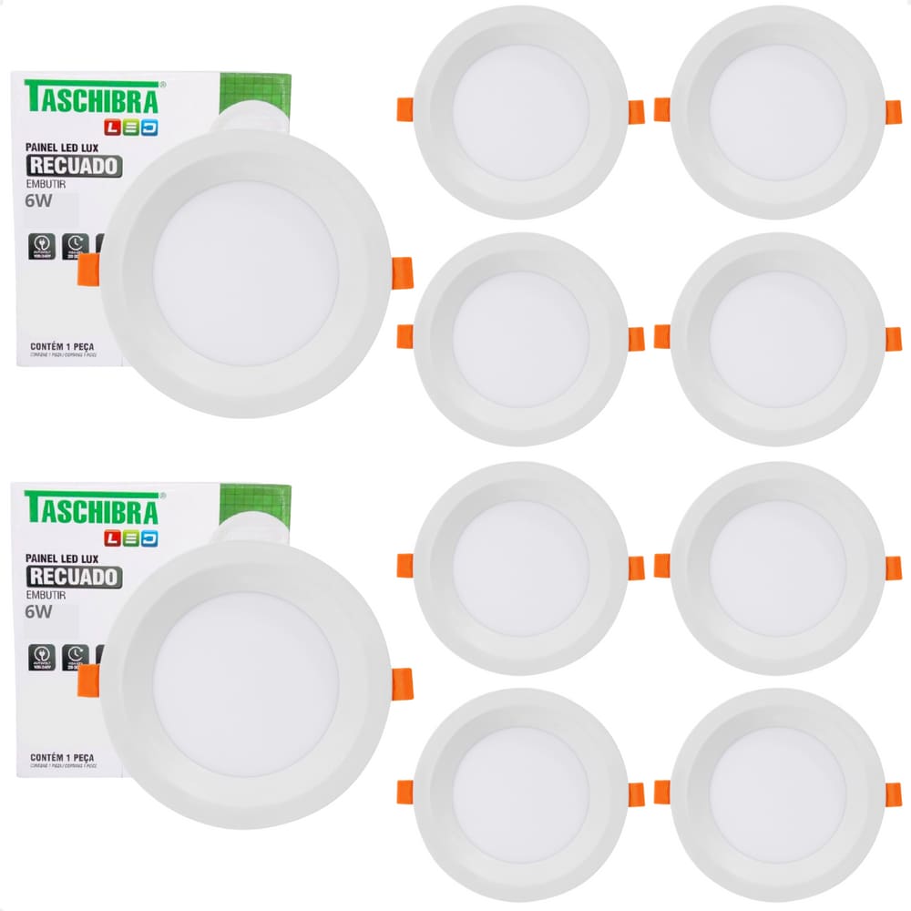 Kit 10 Painel de Led Redondo Embutir Recuado 6W Bivolt Taschibra 3000K Quente