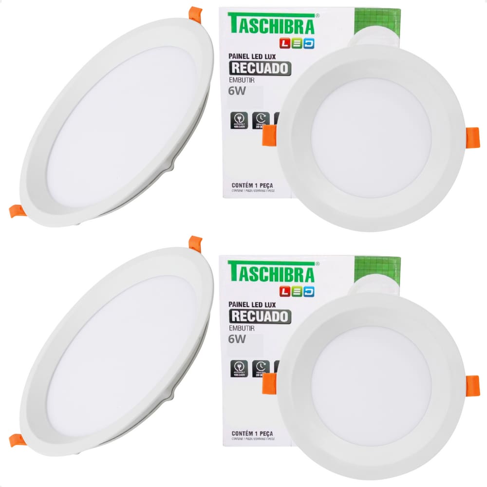 Kit 4 Painel de Led Redondo Embutir Recuado 6W Bivolt Taschibra 3000K Quente