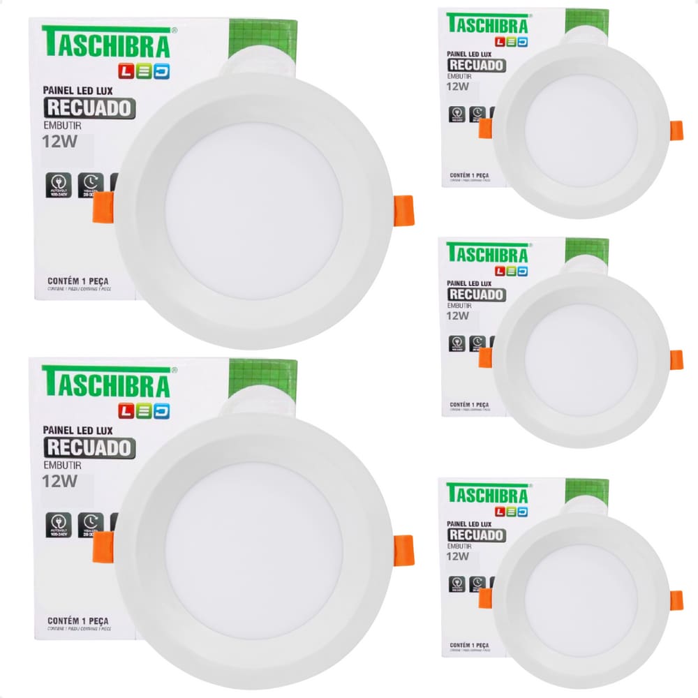 Kit 5 Painel de Led Redondo Embutir Recuado 12W Bivolt Taschibra 4000K Neutro
